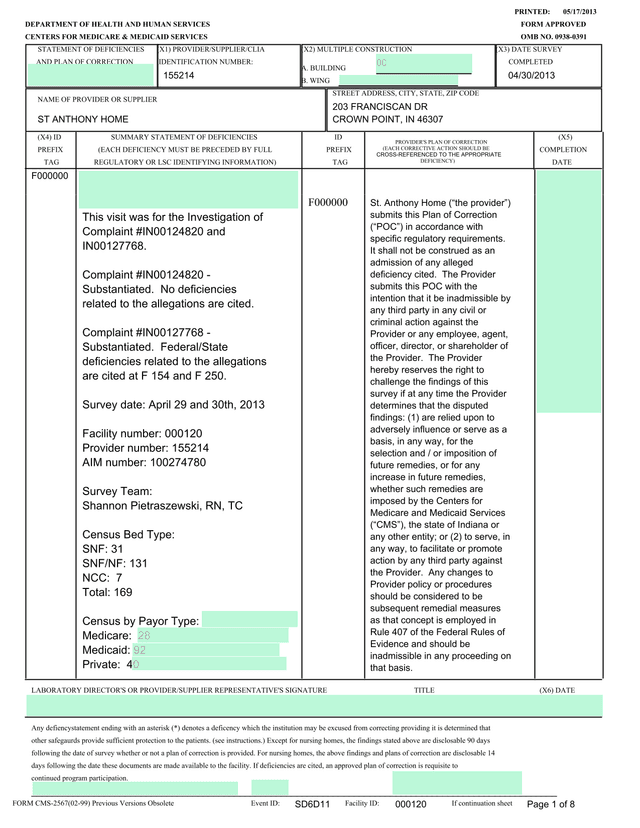 Statement Of Deficiencies And Plan Of Correction screenshot