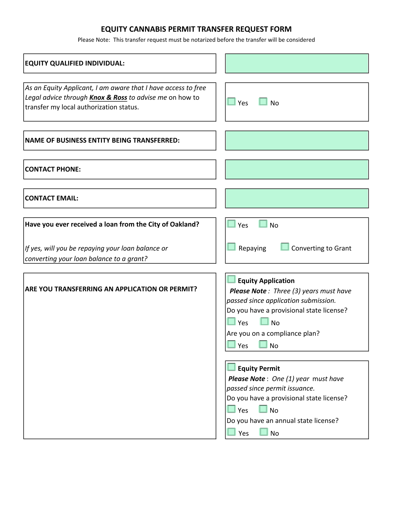 Equity Cannabis Permit Transfer Request Form screenshot