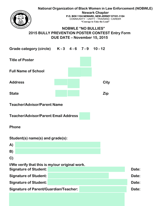 NOBWLE NO BULLIES 2015 Bully Prevention Poster Contest Entry Form screenshot