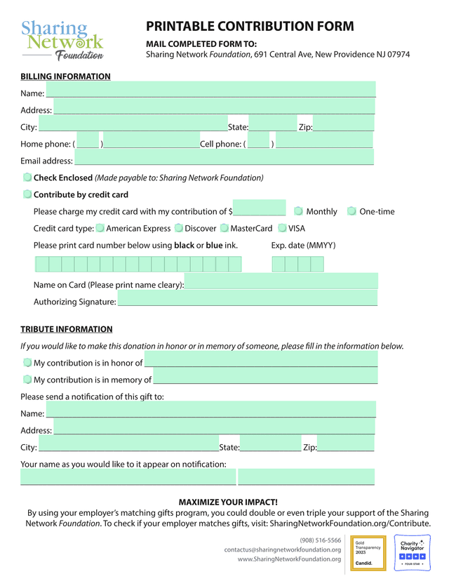 Printable Contribution Form screenshot