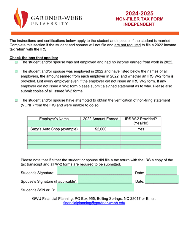 2024 2025 Non Filer Tax Form Independent screenshot
