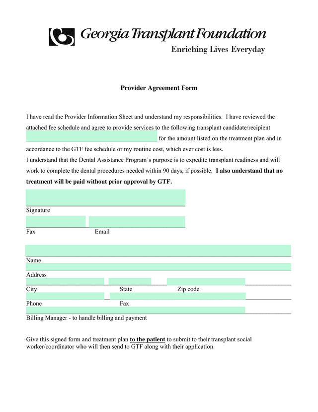 Provider Agreement Form screenshot