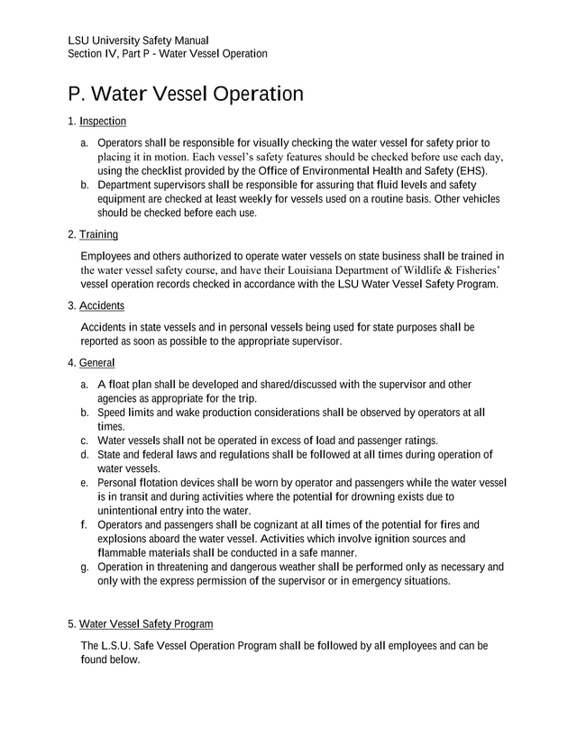 LSU University Safety Manual   Water Vessel Operation screenshot