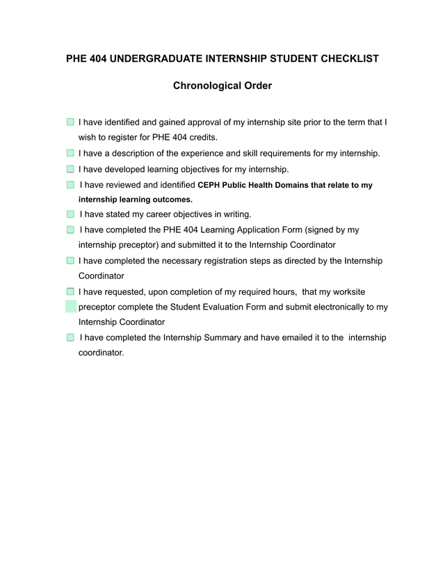 PHE 404 UNDERGRADUATE INTERNSHIP STUDENT CHECKLIST screenshot