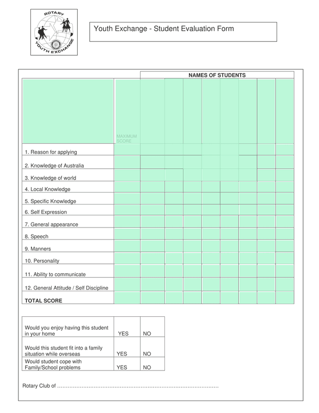 Youth Exchange   Student Evaluation Form screenshot