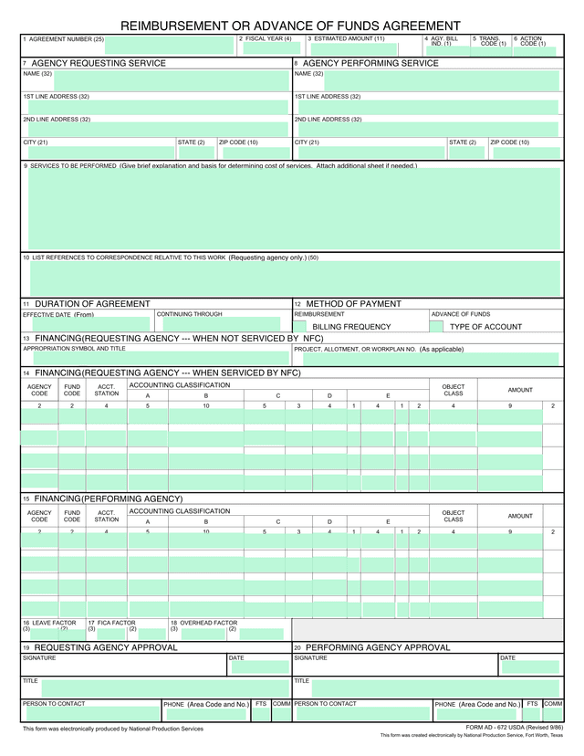 Reimbursement Or Advance Of Funds Agreement screenshot