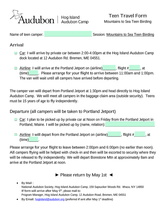 Teen Travel Form screenshot