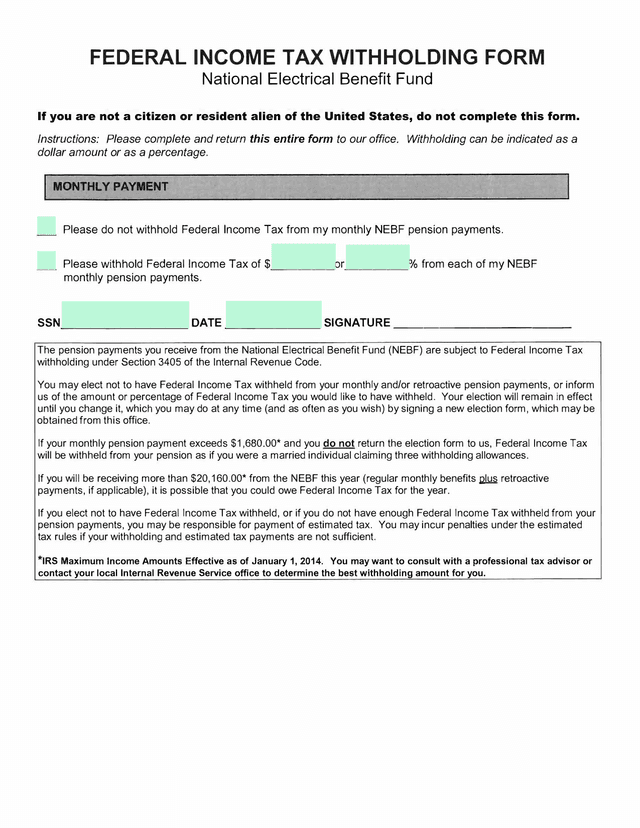 Federal Income Tax Withholding Form screenshot