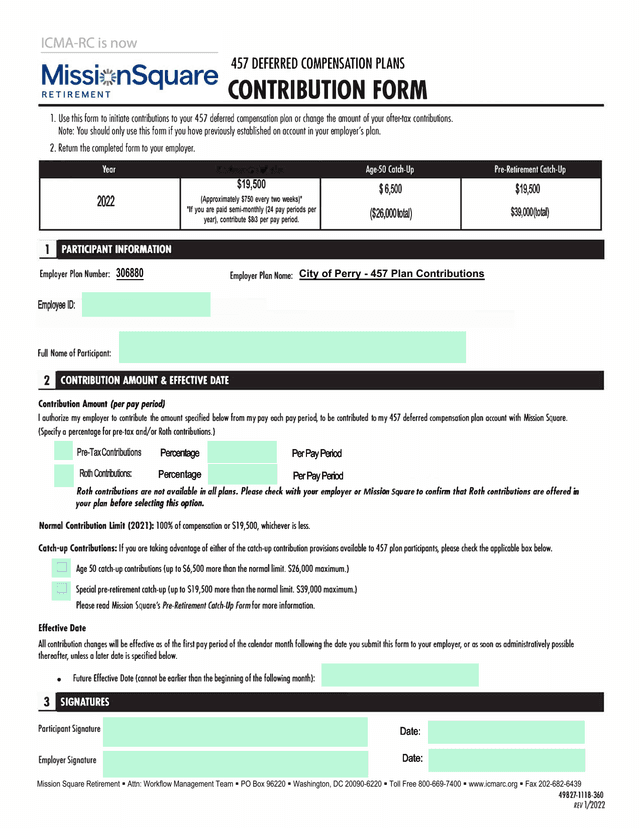 457 DEFERRED COMPENSATION PLANS CONTRIBUTION FORM screenshot