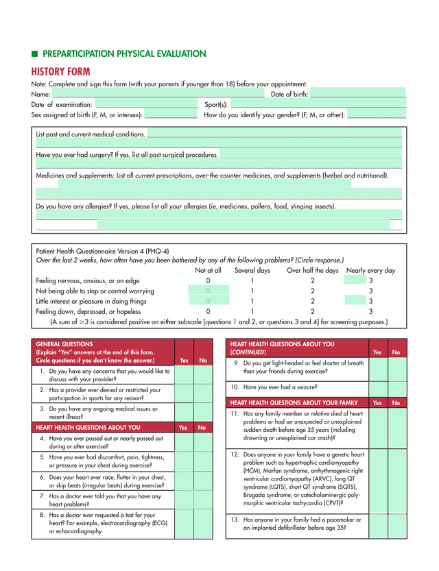 Preparticipation Physical Evaluation History Form screenshot