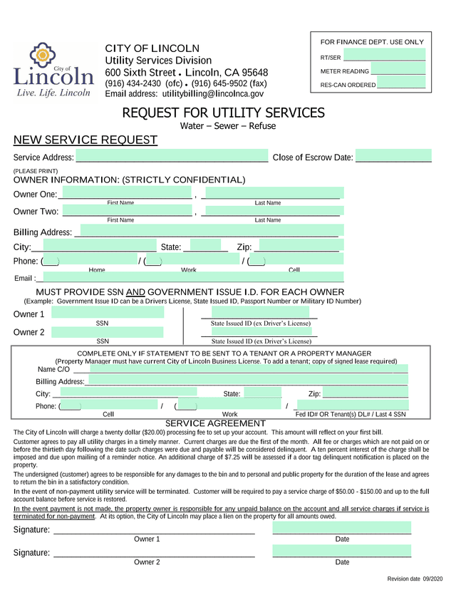 REQUEST FOR UTILITY SERVICES screenshot