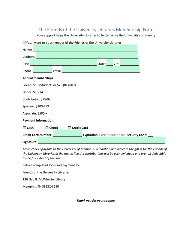 Friends Of The University Libraries Membership Form screenshot