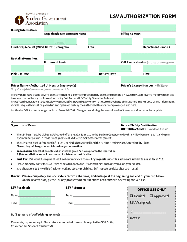 LSV AUTHORIZATION FORM screenshot
