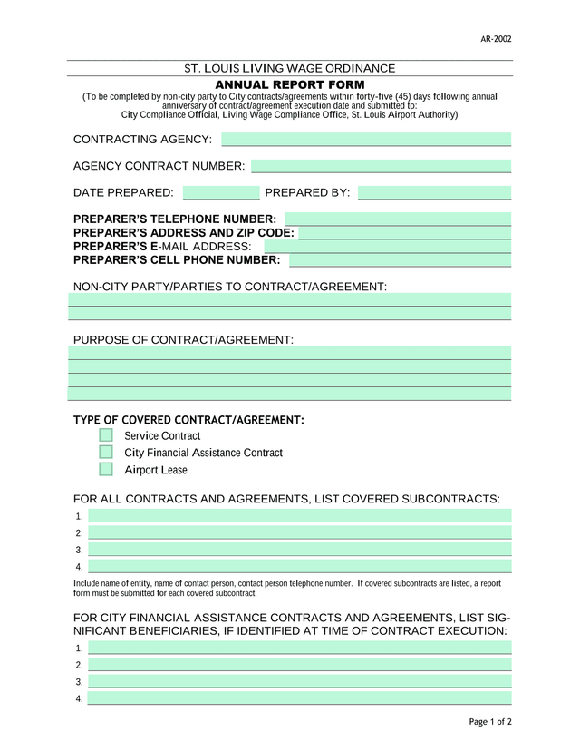 ST. LOUIS LIVING WAGE ORDINANCE ANNUAL REPORT FORM screenshot