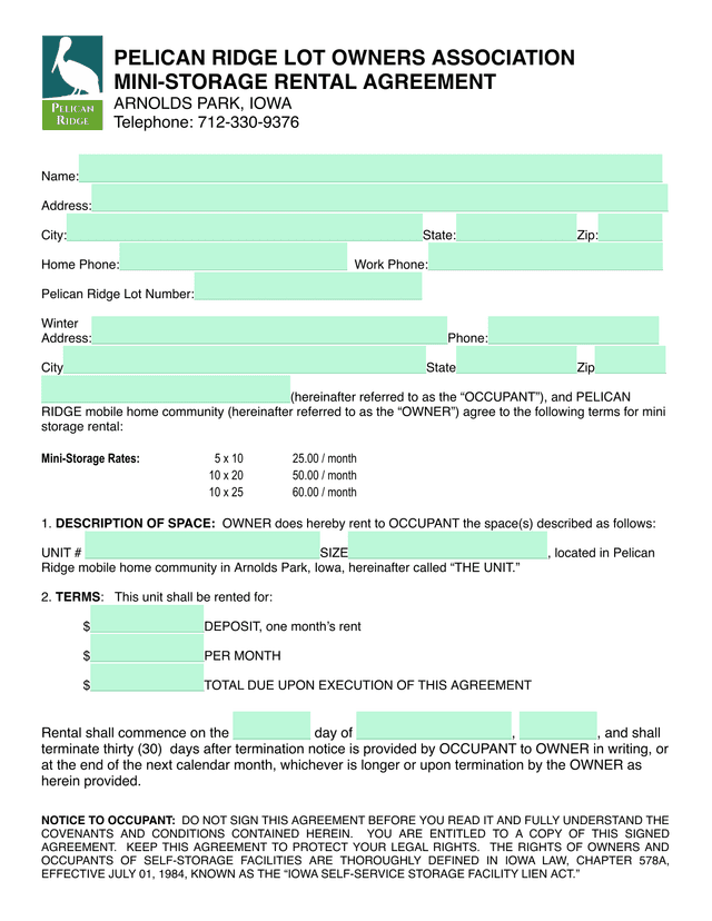 Pelican Ridge Lot Owners Association Mini Storage Rental Agreement screenshot