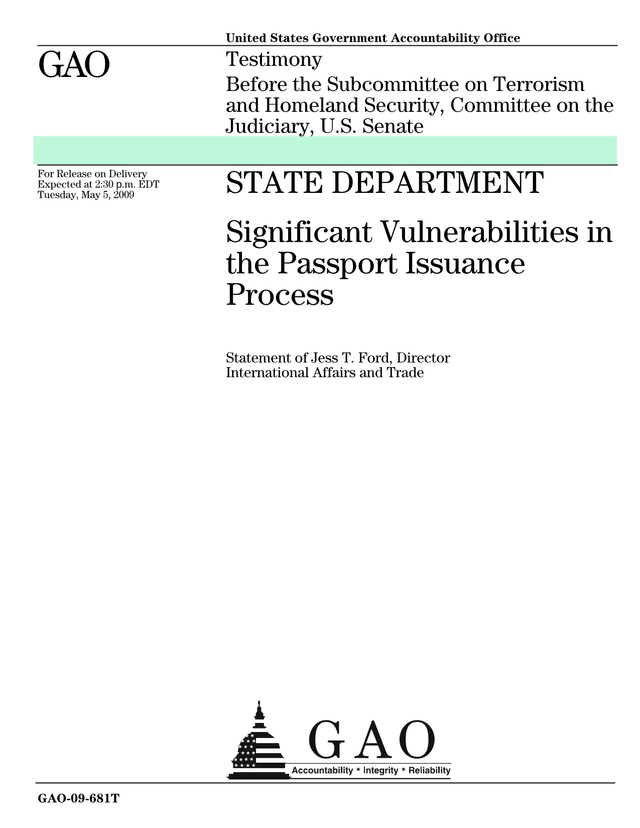Testimony State Department Significant Vulnerabilities In The Passport Issuance Process screenshot