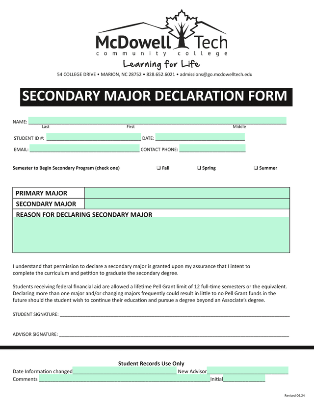 Secondary Major Declaration Form screenshot