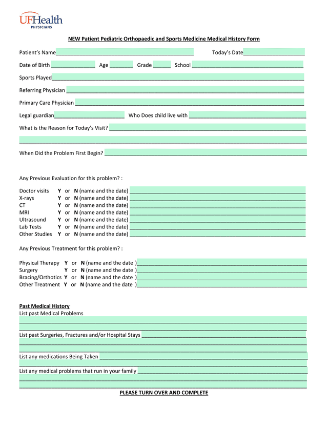 NEW Patient Pediatric Orthopaedic And Sports Medicine Medical History Form screenshot