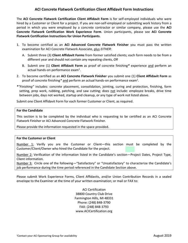 ACI Concrete Flatwork Certification Client Affidavit Form Instructions screenshot