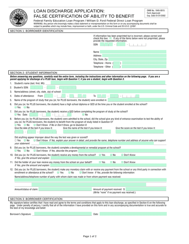 Loan Discharge Application False Certification Of Ability To Benefit screenshot