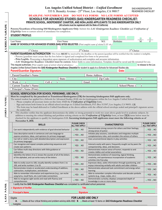 Schools For Advanced Studies (SAS) Kindergarten Readiness Checklist screenshot