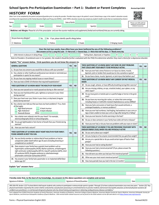 School Sports Pre Participation Examination  Part 1 Student Or Parent Completes screenshot