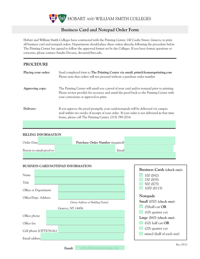 Business Card And Notepad Order Form screenshot