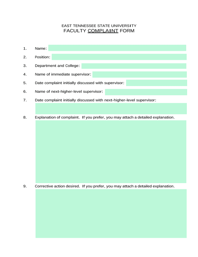 FACULTY COMPLAINT FORM screenshot