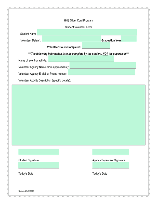 HHS Silver Cord Program Student Volunteer Form screenshot