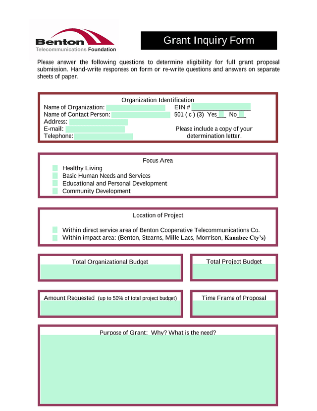 Grant Inquiry Form screenshot