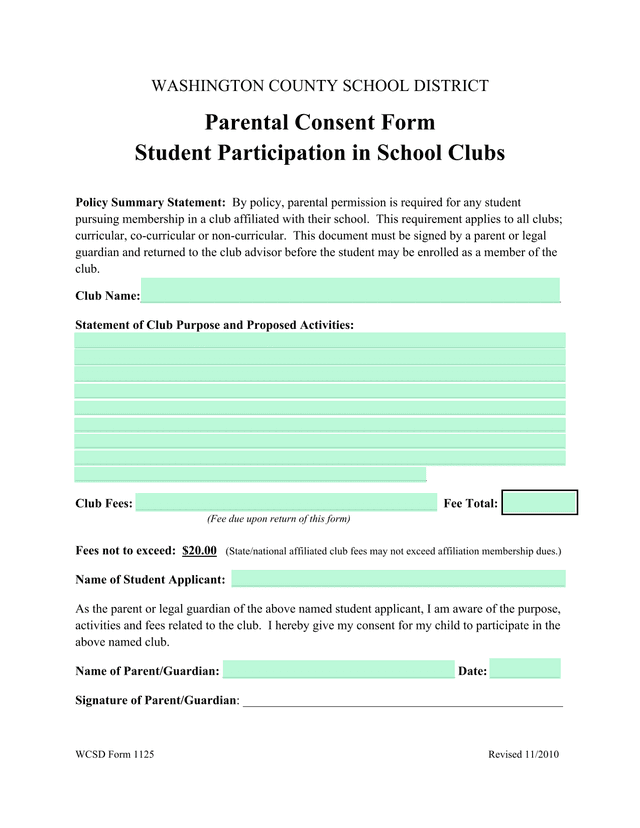 Parental Consent Form   Student Participation In School Clubs screenshot