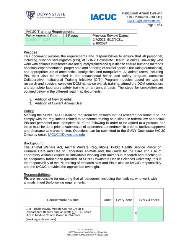 IACUC Training Requirements screenshot