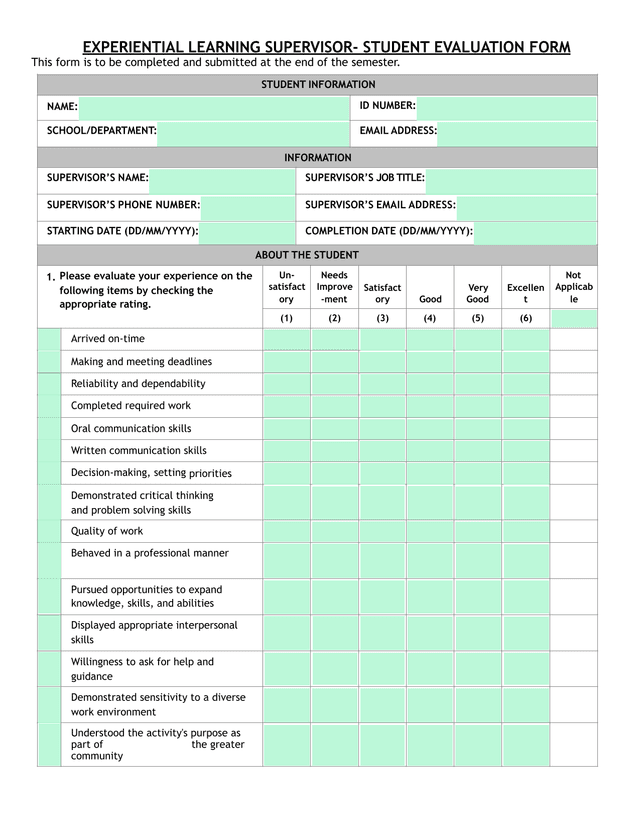 Experiential Learning Supervisor  Student Evaluation Form screenshot