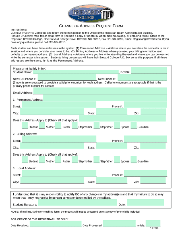 Change Of Address Request Form screenshot