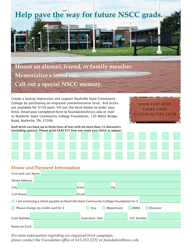 Commemorative Brick Order Form screenshot
