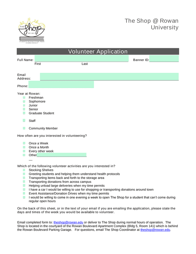 The Shop  Rowan University Volunteer Application screenshot