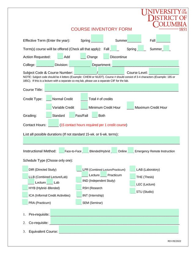 Course Inventory Form screenshot