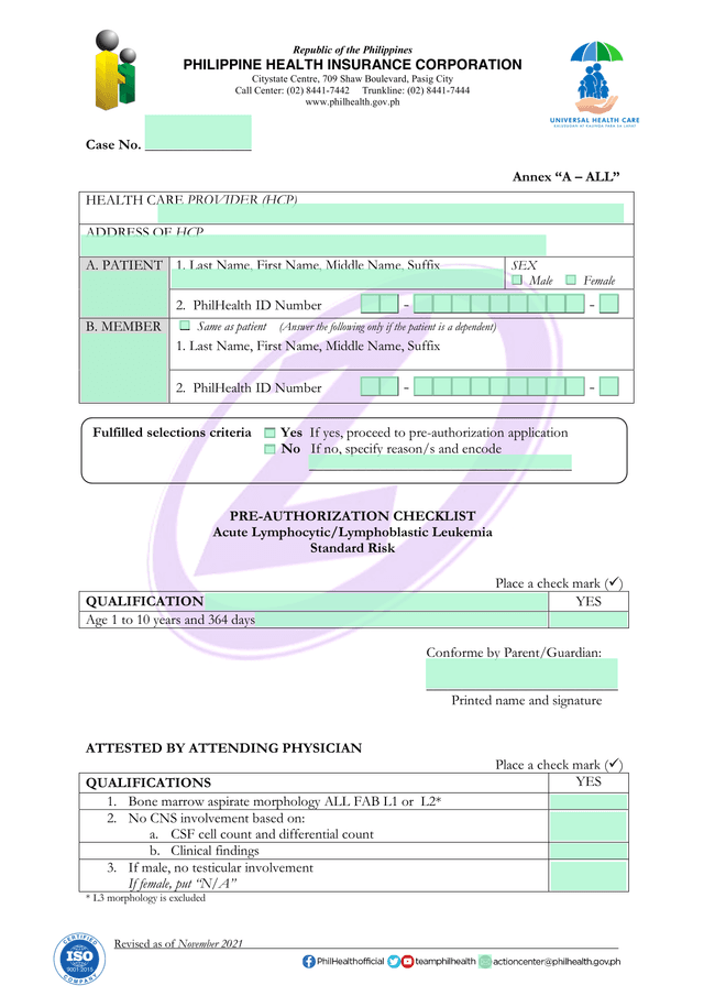 Pre Authorization Checklist For Acute LymphocyticLymphoblastic Leukemia screenshot