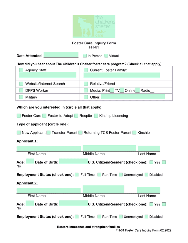 Foster Care Inquiry Form screenshot