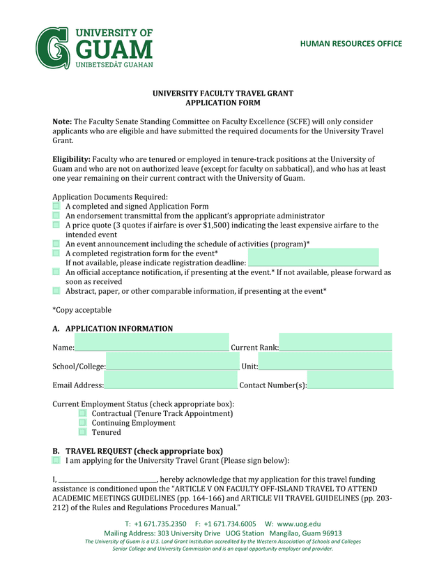 University Faculty Travel Grant Application Form screenshot