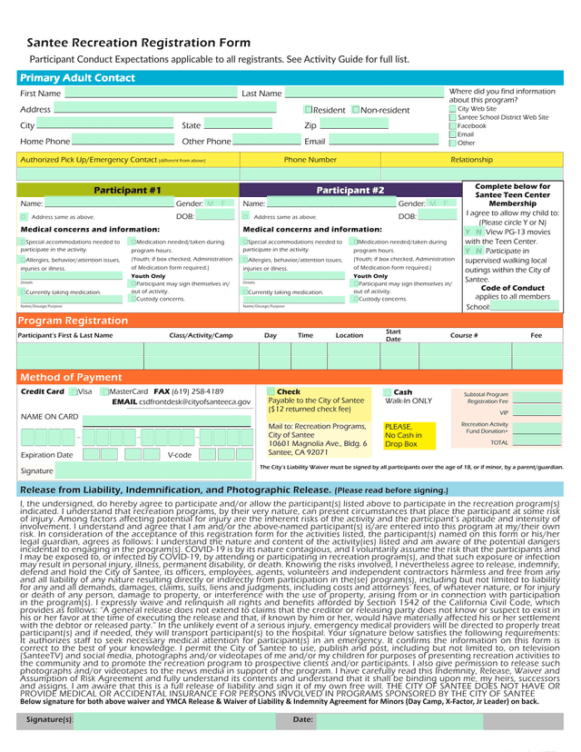 Santee Recreation Registration Form screenshot