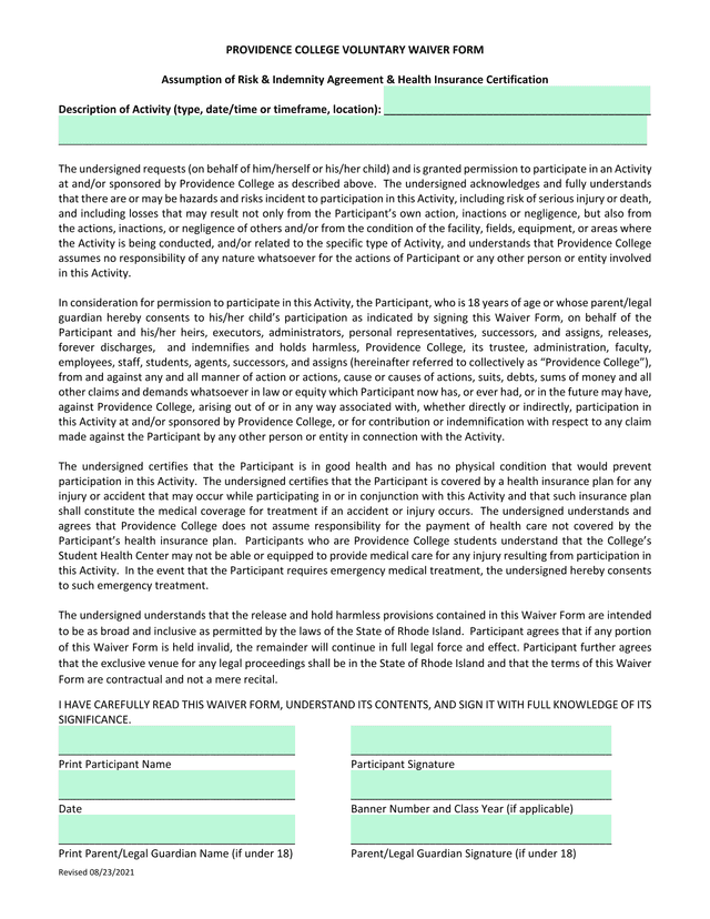 Providence College Voluntary Waiver Form screenshot