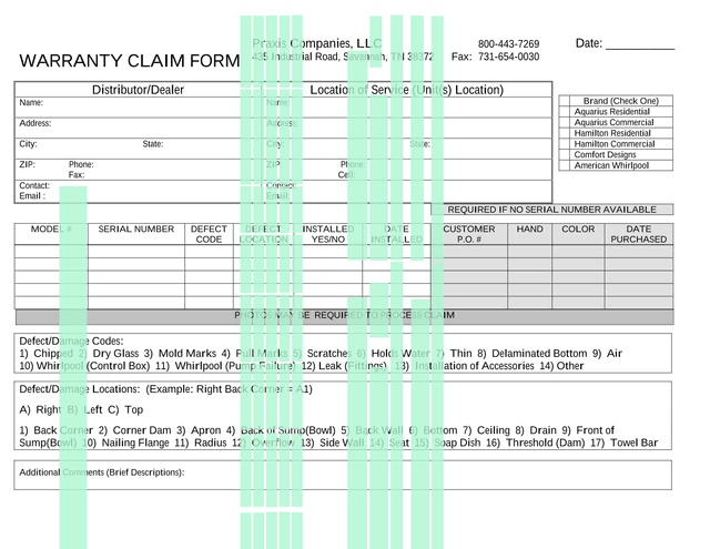 WARRANTY CLAIM FORM screenshot
