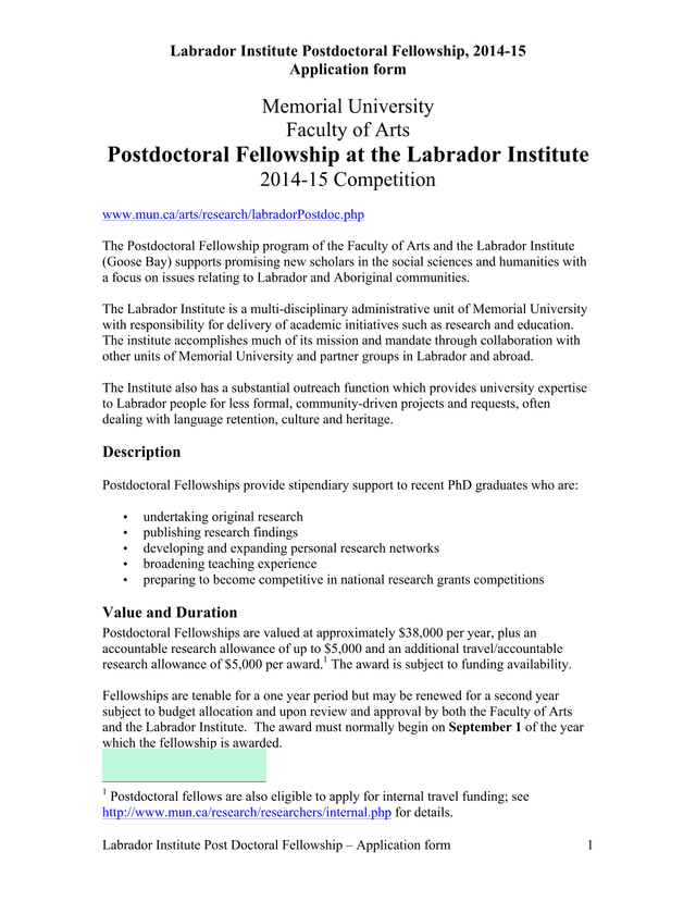 Labrador Institute Postdoctoral Fellowship Application Form screenshot