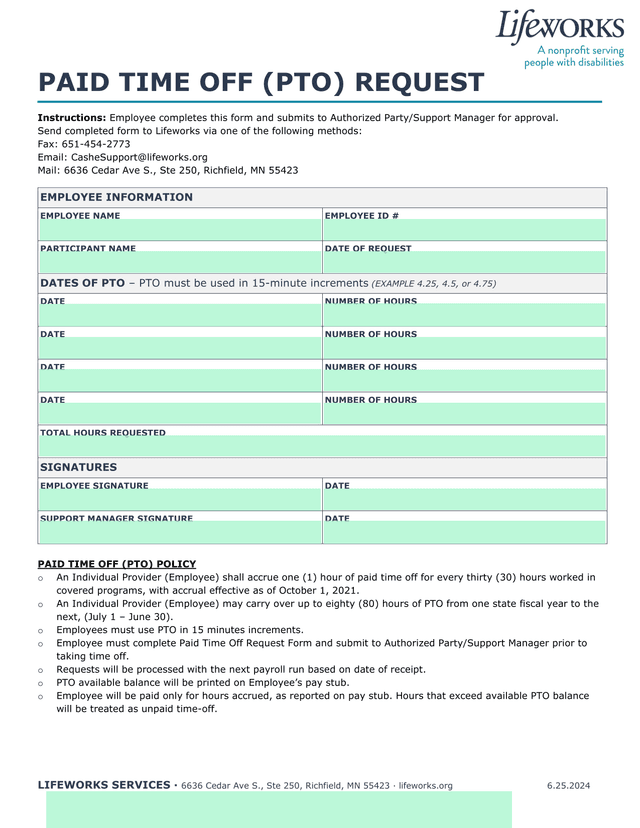 PAID TIME OFF (PTO) REQUEST screenshot