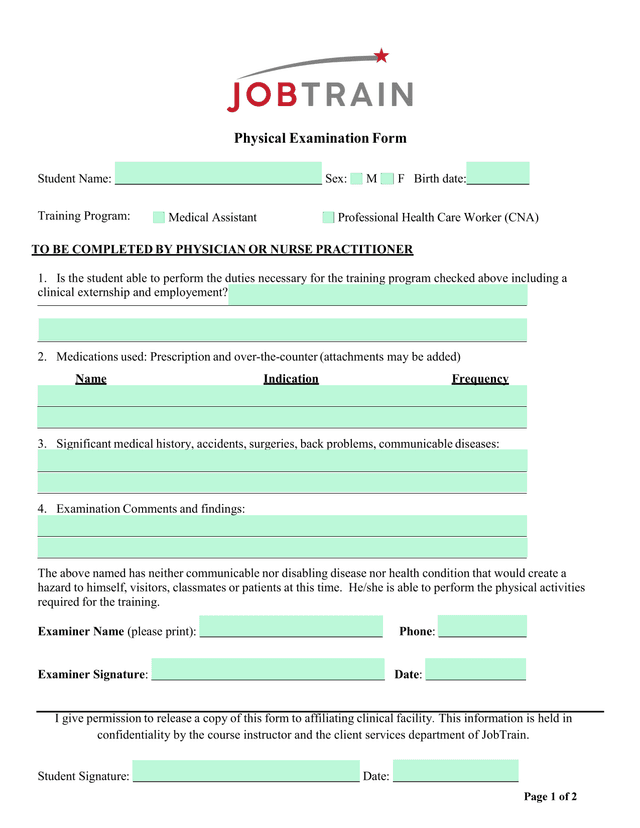 Physical Examination Form screenshot