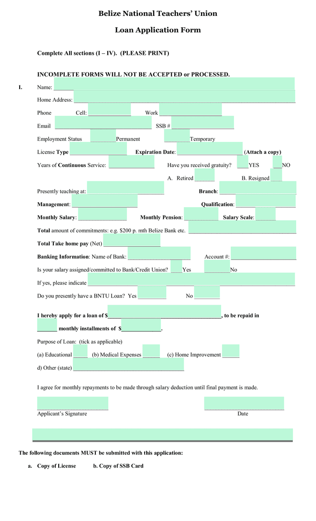 Belize National Teachers Union Loan Application Form screenshot