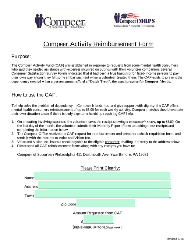 Compeer Activity Reimbursement Form screenshot