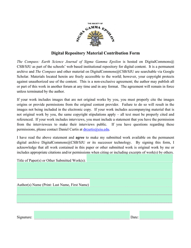 Digital Repository Material Contribution Form screenshot
