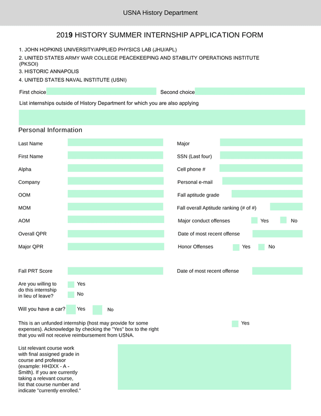 2019 HISTORY SUMMER INTERNSHIP APPLICATION FORM screenshot
